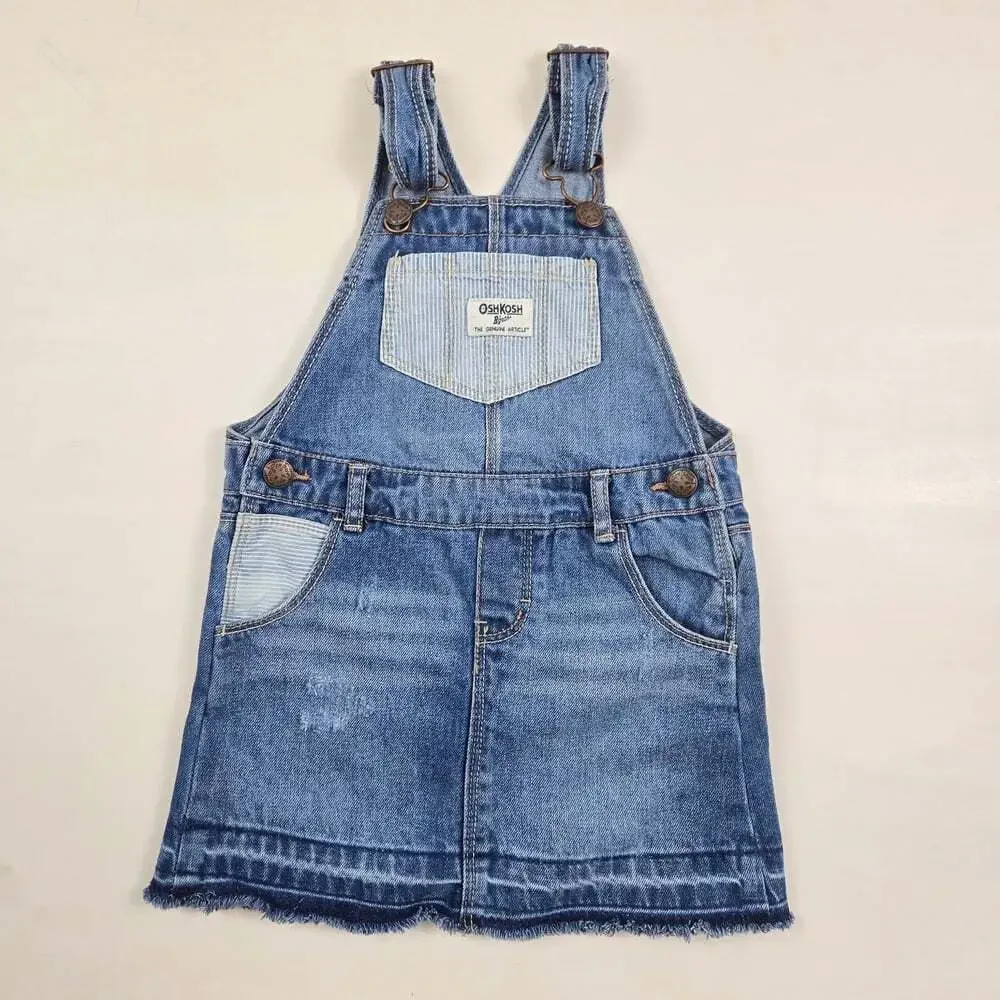 OshKosh B'gosh Girls' Blue Denim Overall Skirt  Dress 4T Distressed Raw Hem